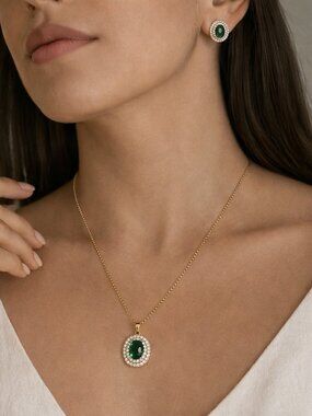 Emerlad-Green Cubic Zirconia Oval Necklace Studs Earrings Gold Toned Jewelry Set